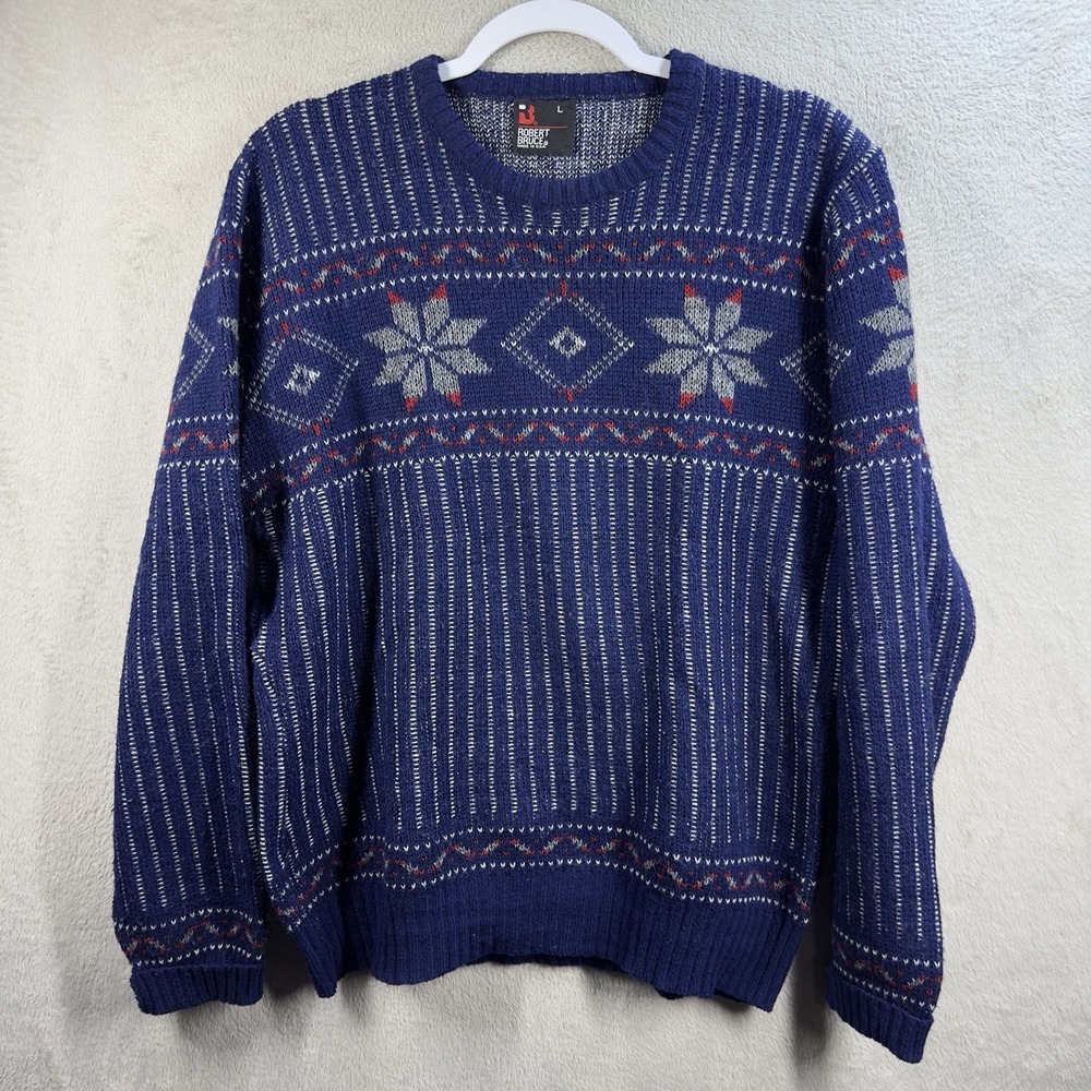 Robert Bruce Vintage Fair Isle Sweater Men's Size L Navy Blue Wool‎ Made in USA